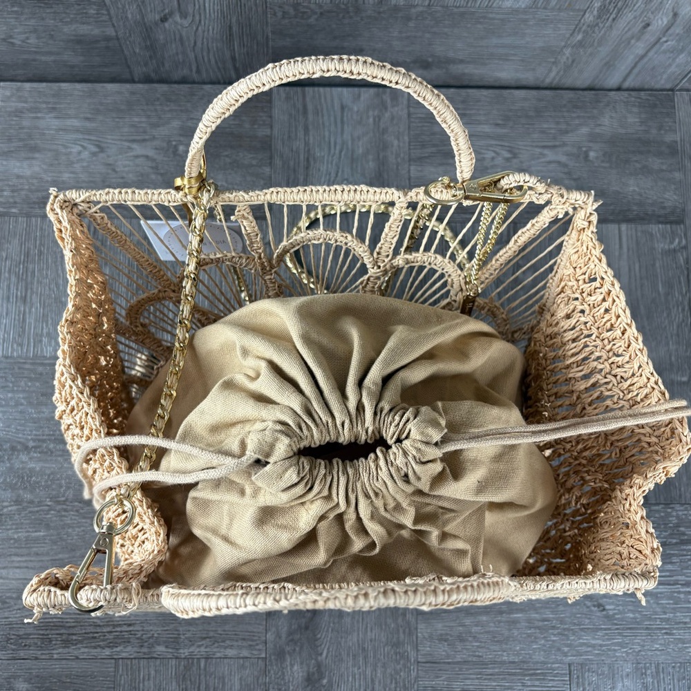House Of Harlow 1960 Tan Hand Woven Raffia Hand Bag Purse Gold Crossbody Strap - Picture 9 of 11